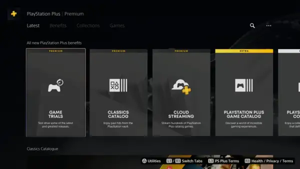 Ekran PlayStation Plus Premium prezentuje korzyści: Game Trials, Classics Catalog, Cloud Streaming i PlayStation Plus Game Catalog. To jak Game Pass, ale od Sony.