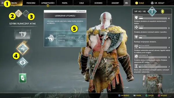God of War poradnik: Kratos w menu umiejętności, wybiera atak "Uderzenie Utgardu". Widoczne statystyki postaci i drzewko rozwoju.