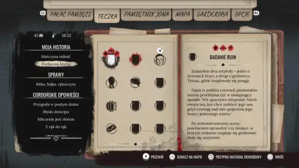 Menu gry Sherlock Holmes Chapter One. Widok na zakładki: Moja Historia, Sprawy, Cordońskie Opowieści i Badanie Ruin. Poradnik.