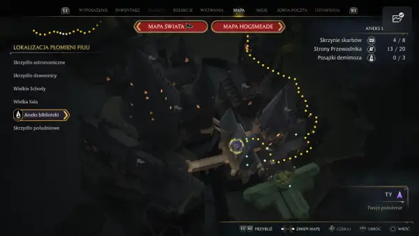 Mapa Hogwartu z zaznaczonymi płomieniami fiuu. Szukasz kluczy Dedala, by odblokować kolejne sekrety zamku.