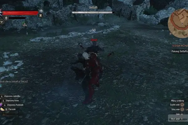 Geralt walczy z Dettlaffem, zadając mu obrażenia. Cel: pokonaj Dettlaffa.