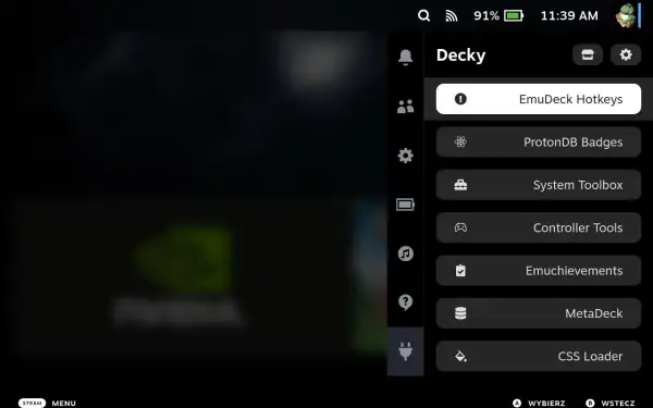 Menu Decky z opcjami: EmuDeck Hotkeys, ProtonDB Badges, System Toolbox, Controller Tools, Emuchievements, MetaDeck, CSS Loader.