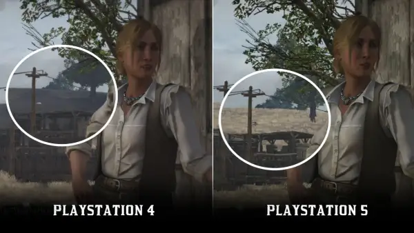 Porównanie grafiki Red Dead Redemption 2 na PS4 i PS5. Kobieta w białej koszuli i kamizelce na tle wiejskiego krajobrazu.