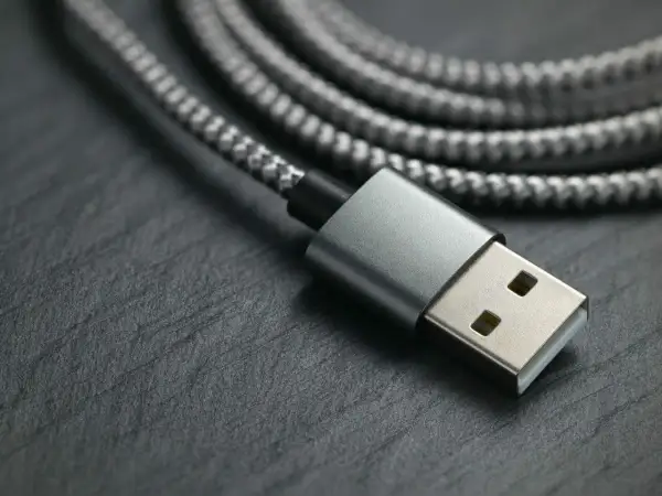 Szary kabel USB z wtyczką, gotowy do podłączenia urządzeń. Czy to USB 2.0, czy szybszy USB 3.0?