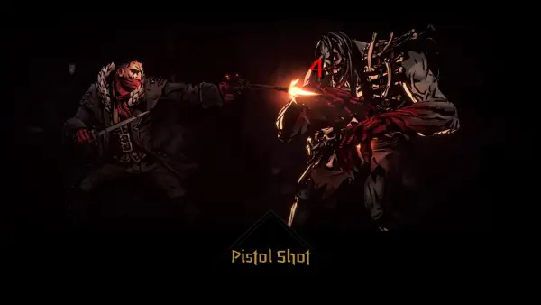 Bohater z **Darkest Dungeon 2** strzela z pistoletu do potwora.