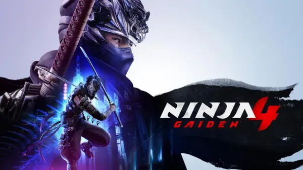Ryu Hayabusa w akcji, gotowy do walki w Ninja Gaiden 4. Dynamiczna grafika z mieczami i neonowym miastem w tle.