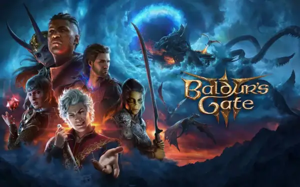 Postacie z Baldur's Gate 3, w tym demoniczna istota, wojownik i czarodziejka, stoją na tle mrocznego nieba z smokami i logo gry.