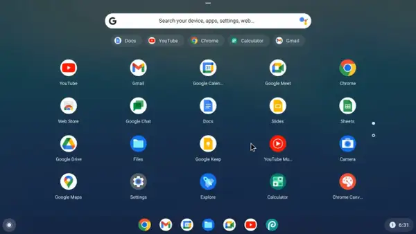 Ekran startowy systemu **Chrome OS** z ikonami aplikacji Google: YouTube, Gmail, Kalendarz, Meet, Chrome, Sklep Play, Dokumenty, Arkusze i inne.