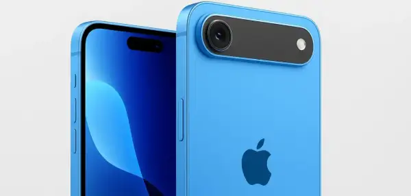 Niebieski iPhone 17 Air z minimalistycznym modułem aparatu i logo Apple.