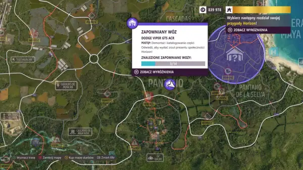 Mapa Forza Horizon 5 z zaznaczonymi zaginionymi autami. Znaleziono 3 z 14 Dodge Viper GTS ACR.