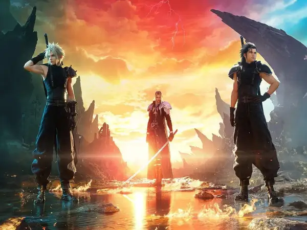 Chmurny krajobraz i trzej bohaterowie, w tym Cloud i Zack, w epickiej scenie z Final Fantasy 7 Rebirth.