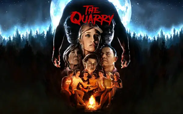 Grupa młodych ludzi przy ognisku, nad nimi groźne twarze i tytuł "The Quarry". Ich wybory zadecydują o przetrwaniu.