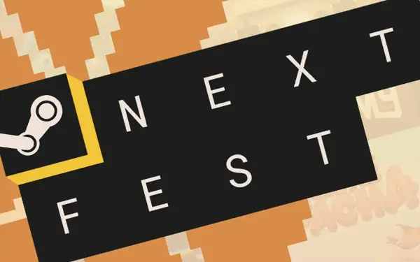 Logo Steam i napis "NEXT FEST" na czarnym tle. Czekamy na nowe gry!