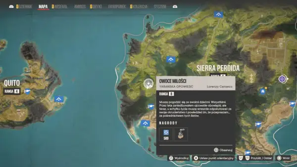 Mapa Far Cry 6 z zaznaczonym zadaniem "Owoce miłości" w regionie Sierra Perdida.