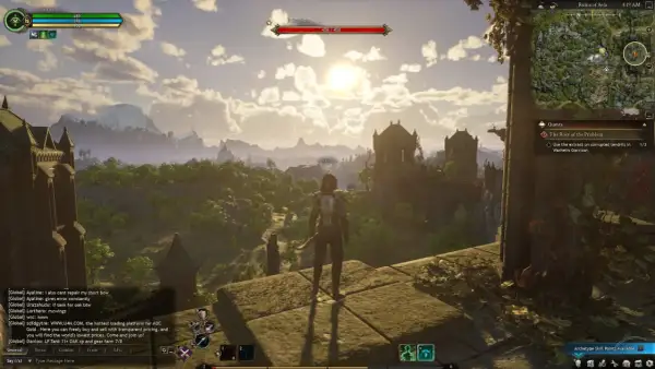 Postać w grze MMORPG Ashes of Creation stoi na murze, podziwiając ruiny i góry. Słońce przebija się przez chmury.