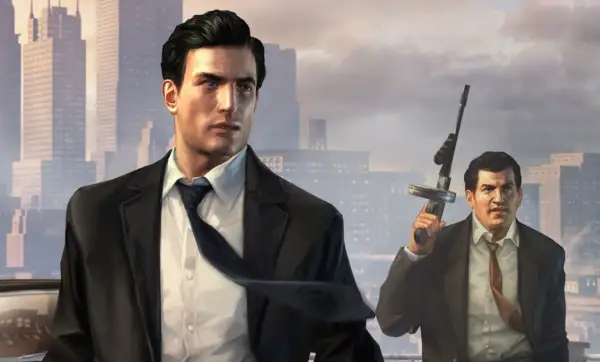 Dwóch mężczyzn w garniturach na tle miasta. Jeden trzyma pistolet maszynowy. To scena z gry Mafia 2, idealna do poradnika.