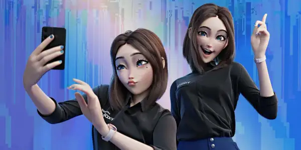 Dwie animowane postacie, przypominające Samsung Sam, w czarnych koszulkach. Jedna robi selfie telefonem, druga wskazuje palcem.