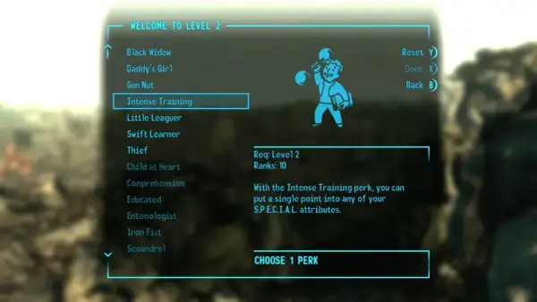 Wybór umiejętności "Intense Training" w Fallout 3 poradnik. Pozwala na zwiększenie atrybutów S.P.E.C.I.A.L.