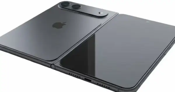 Koncepcja iPhone fold w ciemnoszarym kolorze, z podwójnym aparatem i logo Apple.