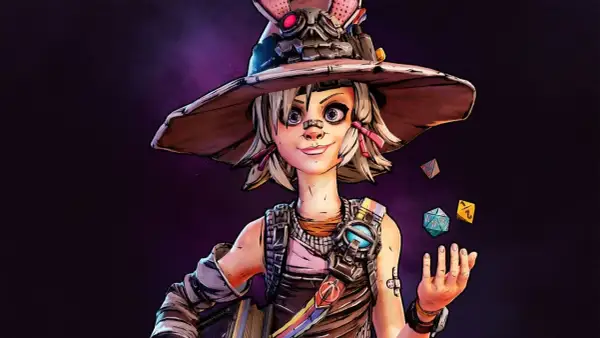 Tiny Tina, w swoim charakterystycznym kapeluszu z króliczymi uszami, rzuca kośćmi do gry.