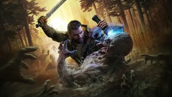 Aiden walczy z potworem w wodzie, otoczony przez zombie. Ten obraz to fragment poradnika Dying Light 2.