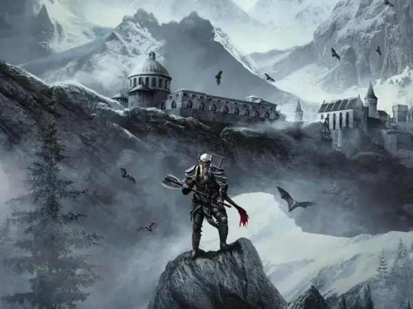 Wojownik z toporem na tle zimowych gór i zamków, idealny dla fanów gier podobnych do Skyrim.