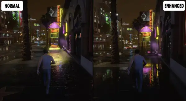 Porównanie grafiki GTA V: "Normal" vs "Enhanced". Lepsza jakość i detale w wersji "Enhanced" mogą sugerować wyższe gta 5 wymagania.