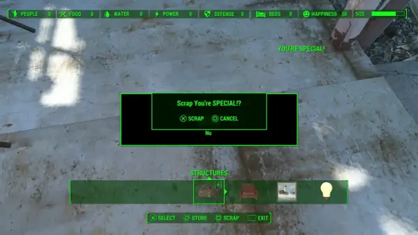 W grze Fallout 4, ekran potwierdzenia "Scrap You're SPECIAL!?" sugeruje, że gracz może chcieć wykorzystać kody, aby odzyskać przedmioty.