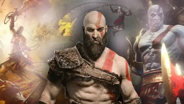 Kratos, bóg wojny, w swoim epickim remake'u. Widzimy go w centrum, z bliznami i groźnym spojrzeniem, otoczonego scenami walki.