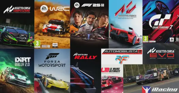 Kolaż okładek gier wyścigowych: Assetto Corsa Competizione, WRC, F1 2020, Gran Turismo 7, Dirt Rally 2.0, Forza Motorsport, Assetto Corsa Rally, Automobilista 2, Assetto Corsa Evo, Le Mans Ultimate, iRacing.
