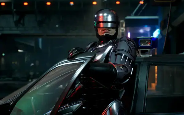 RoboCop w swoim ikonicznym pancerzu opiera się o radiowóz, gotowy do akcji w grze RoboCop: Rogue City.