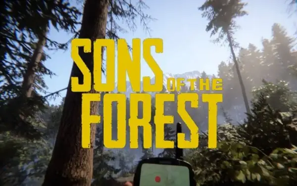 Napis "SONS OF THE FOREST" na tle lasu i gór. Gra survivalowa, która wkrótce pojawi się na Xbox.