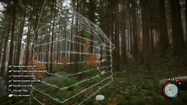 W lesie w Sons of the Forest budujesz schronienie. Zbierasz drewno, ale jesteś zmęczony i głodny.