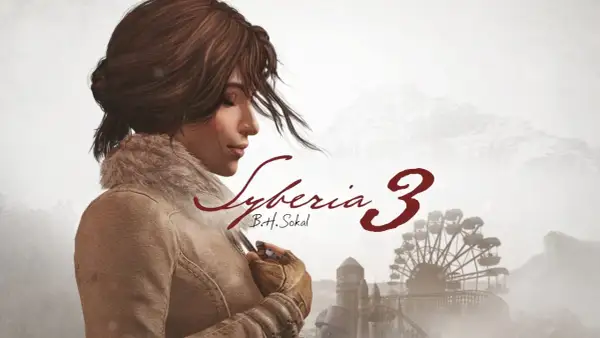 Kate Walker w zimowej kurtce, obok logo Syberia 3. Ten poradnik pomoże Ci przejść przez mroźne krajobrazy gry.
