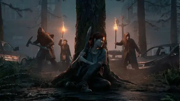 Ellie ukrywa się za drzewem, podczas gdy inni z pochodniami i kilofem zbliżają się w mrocznym lesie. Czy to zapowiedź The Last of Us sezon 3?