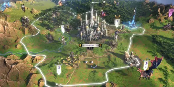 Mapa strategiczna z gry **Age of Wonders**. W centrum majestatyczny zamek, otoczony zielonymi terenami, lasami i górami. Widać jednostki, flagi i punkty kontrolne.