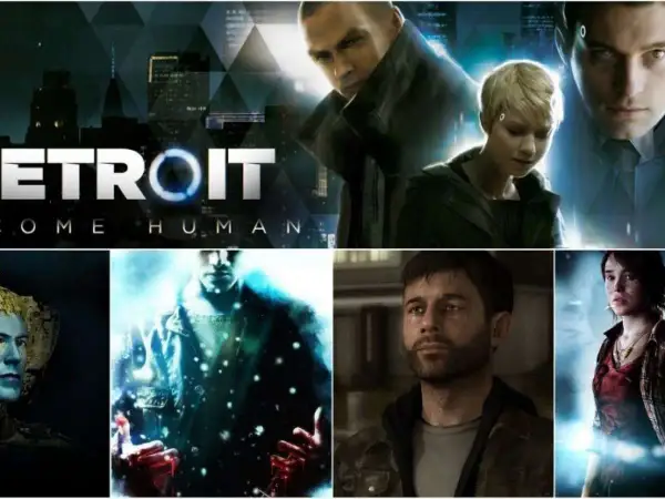 Kolaż postaci z gry Detroit: Become Human od Quantic Dream. Widoczni Connor, Kara, Markus, a także postacie z innych gier studia.