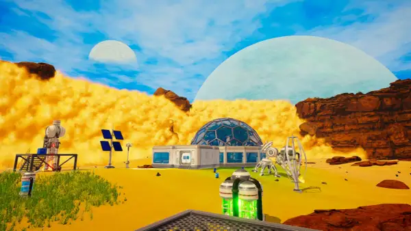 Baza **planet crafter** na obcej planecie: kopuła, panele słoneczne, roboty i dziwne formacje skalne pod dwoma księżycami.