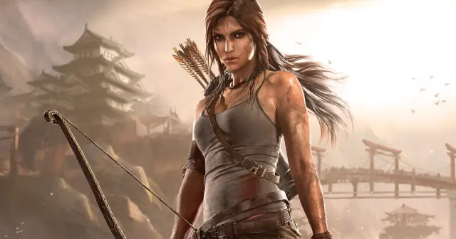 Lara Croft z łukiem i strzałami, gotowa do akcji w świecie Tomb Raider 2013. W tle azjatycki krajobraz z pagodami i mostami.